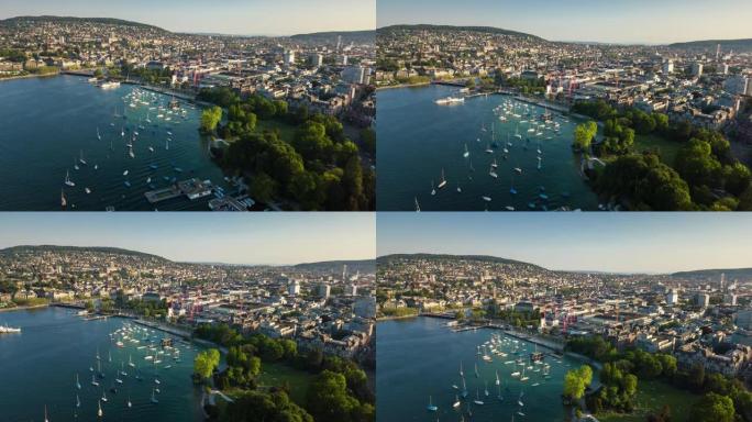 瑞士苏黎世城市景观湖边空中全景4k延时