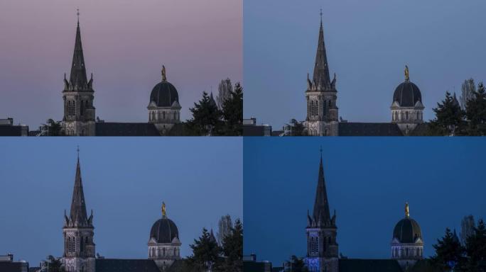 巴黎圣母院的日落到夜晚的时光倒流