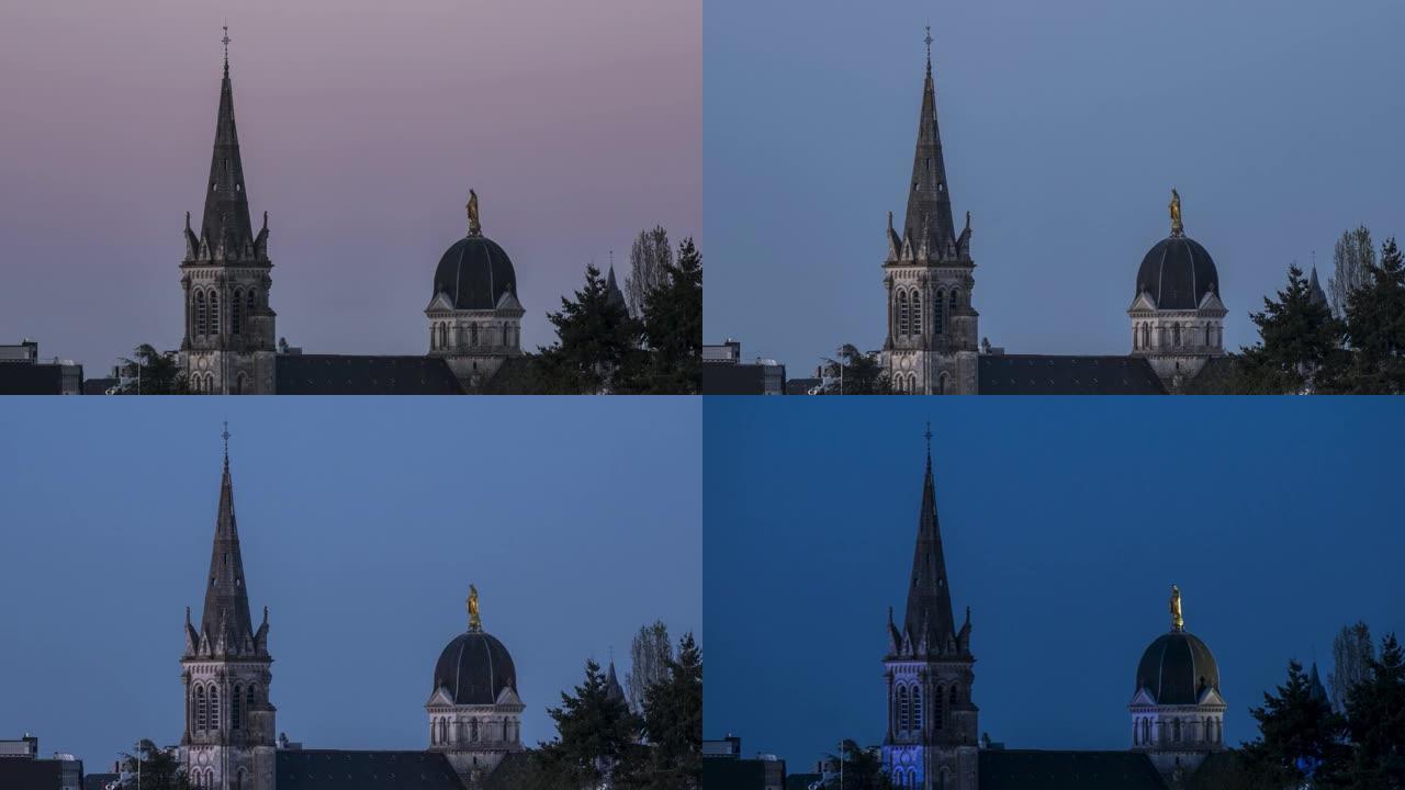 巴黎圣母院的日落到夜晚的时光倒流