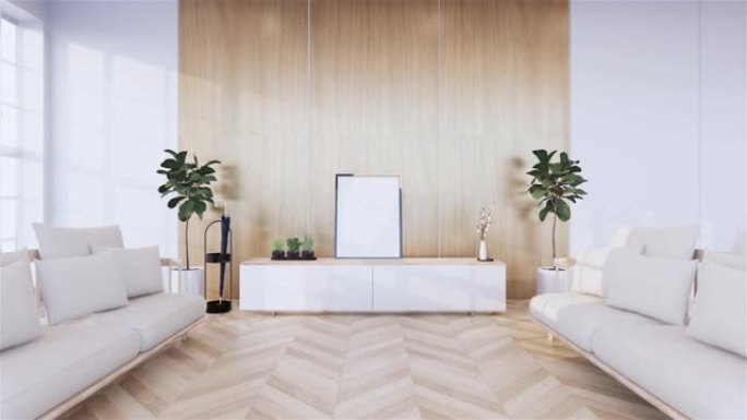 日本室内热带风格橱柜木制设计。3d渲染