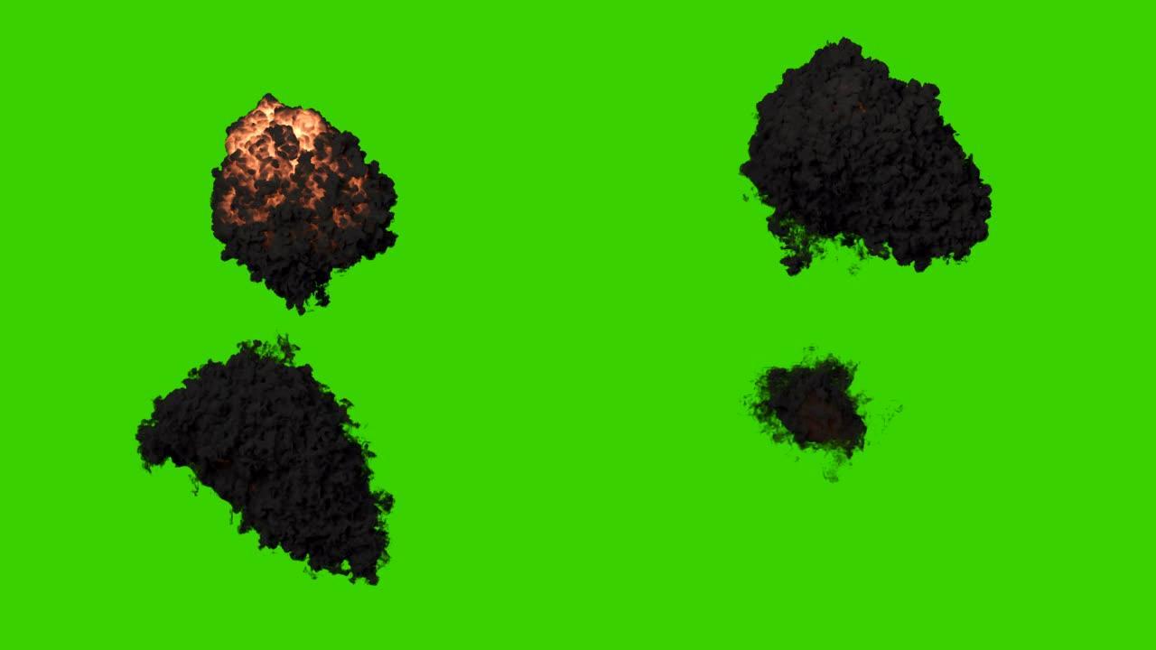 黑烟炸药爆炸。浓烟的爆炸，炸弹爆炸，真正的烟雾。绿屏前的VFX动画。