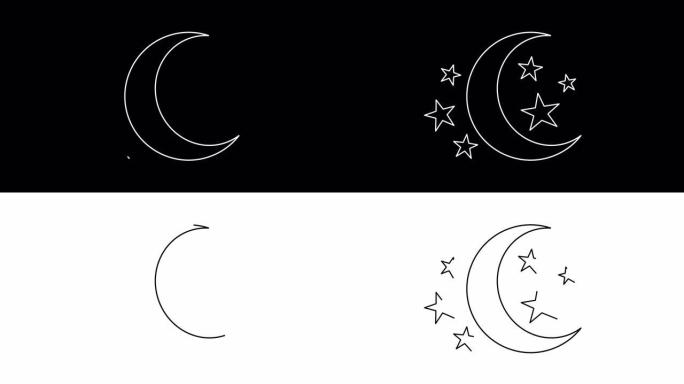 动画月亮和星星图标，孤立在黑白背景上