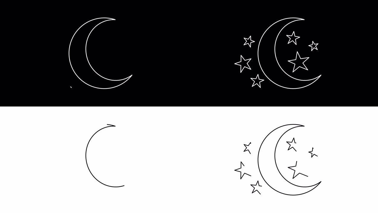 动画月亮和星星图标，孤立在黑白背景上