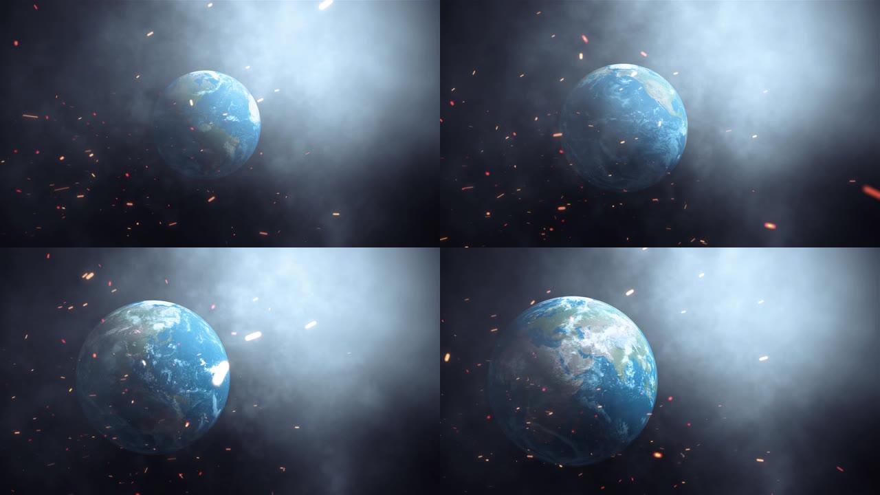 带有突发光学耀斑光的空间抽象地球视图。旋转的世界用爆炸光放大烟雾尘埃。4k电影标题预告片背景概念，带