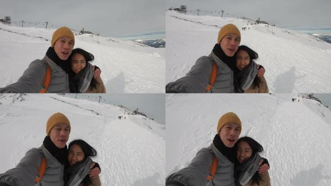 年轻浪漫的情侣一起在瑞士冰川3000旅行