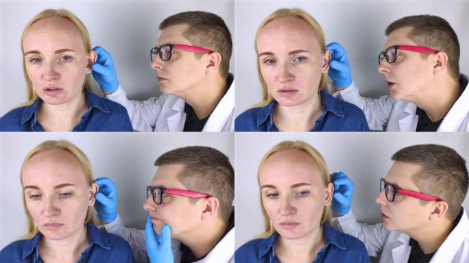 金发女孩咨询整形外科医生改变耳朵的形状。消除外观和外科护理缺陷的概念
