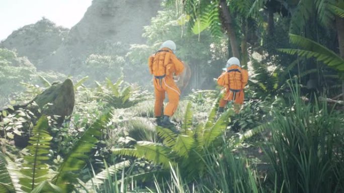 在史前丛林中，两名宇航员-探险家和一只掠食性暴龙的聚会。幻想、科幻或太空背景的动画。