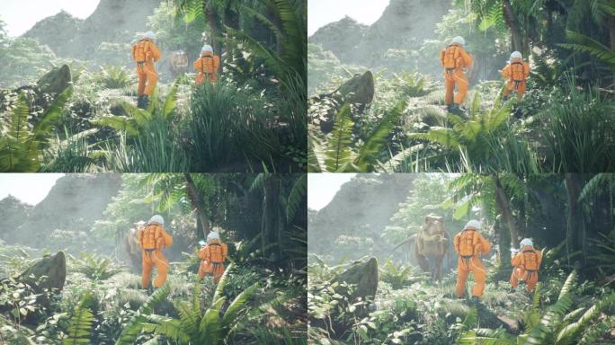 在史前丛林中，两名宇航员-探险家和一只掠食性暴龙的聚会。幻想、科幻或太空背景的动画。