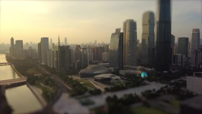 日落时间广州市中心歌剧院空中全景倾斜移动4k中国