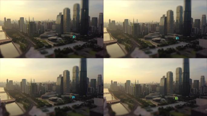 日落时间广州市中心歌剧院空中全景倾斜移动4k中国