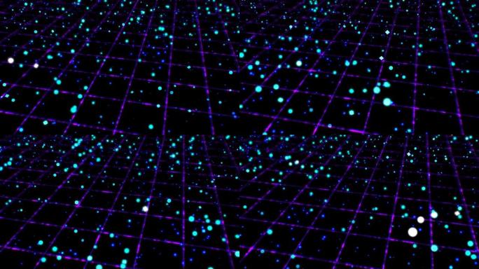 发光复古80s霓虹灯网格上方的动态流动粒子波-4k无缝循环运动背景动画