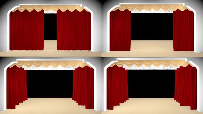 剧院的窗帘打开了，黑暗的背景。3D渲染