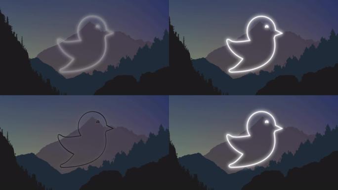 霓虹鸟图标在群山的景观中闪烁
