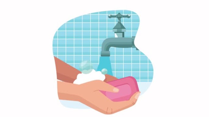 全球洗手庆祝动画用肥皂和水龙头水洗手