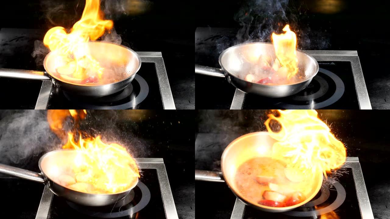 美食视频概念。穿着蓝色手套的厨师在餐厅厨房烹饪flamb é 菜。切成薄片的桃子被点燃了。特写。高清