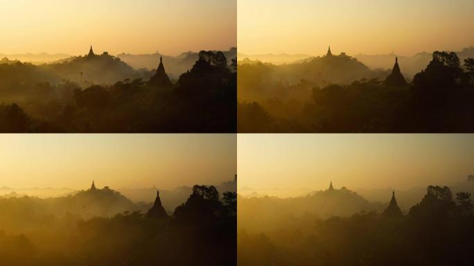 晨雾和烟雾经过缅甸古庙的时间流逝