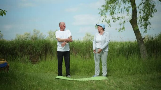 保健，开朗的老年妇女和男子进行体育锻炼，以保持健康的身体站在瑜伽垫上绿草和天空的背景