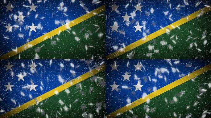 所罗门群岛国旗降雪圈，新年和圣诞节背景，圈