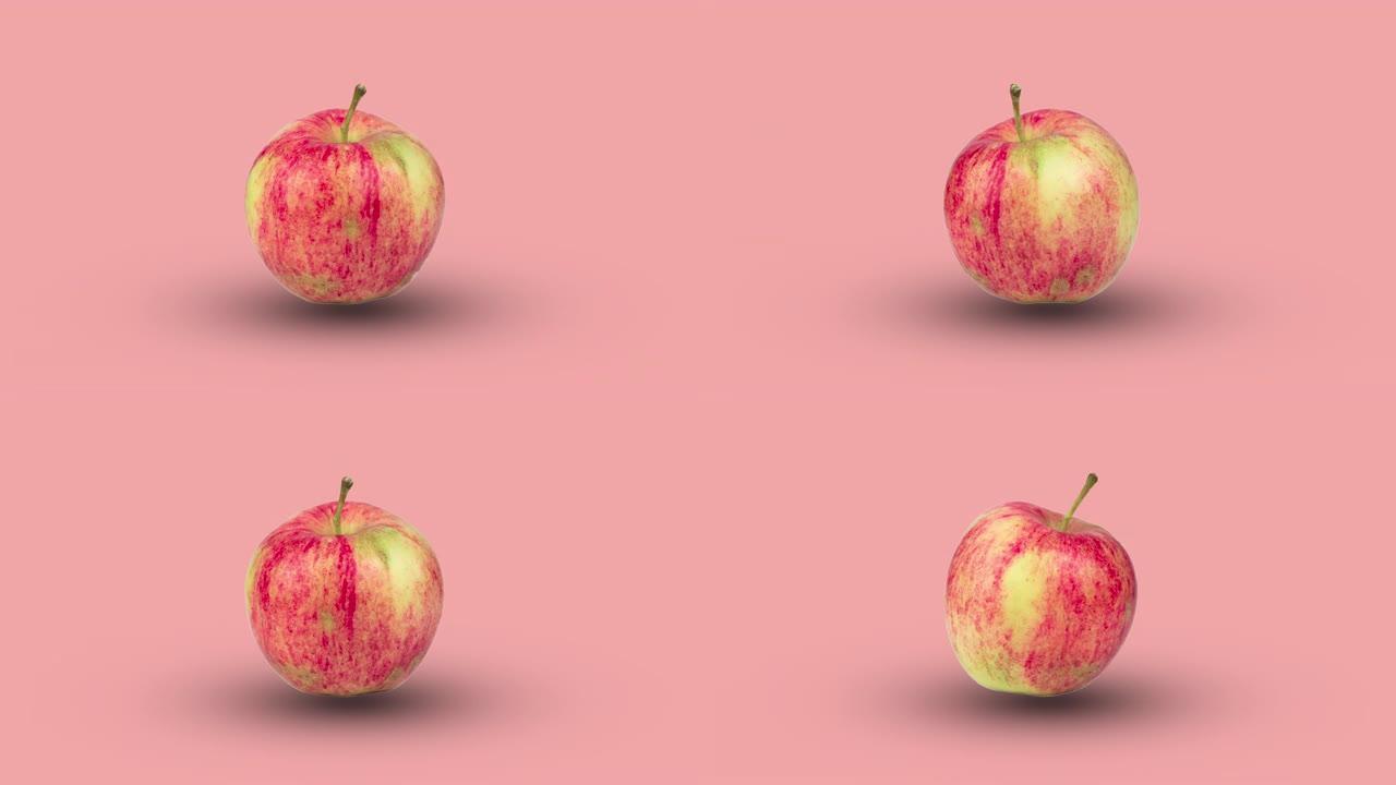 红色新鲜苹果在粉红色背景上动画。逼真的3d食物的无缝循环。带水果的最小运动设计艺术