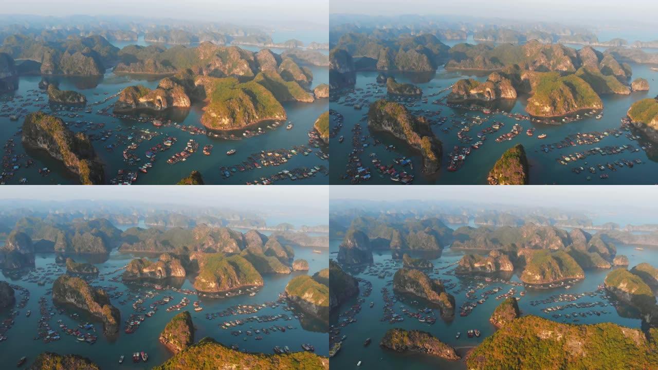 空中: 越南旅游目的地猫巴岛和兰哈湾的日落晴空