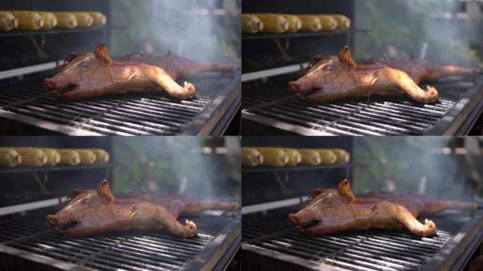 4K，烤肉架上的美味猪肉。全猪煮熟的烤肉特写。