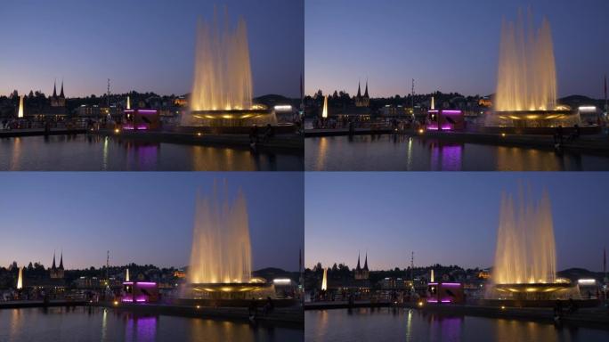 日落天空卢塞恩市湖滨湾现代艺术博物馆广场喷泉全景4k瑞士