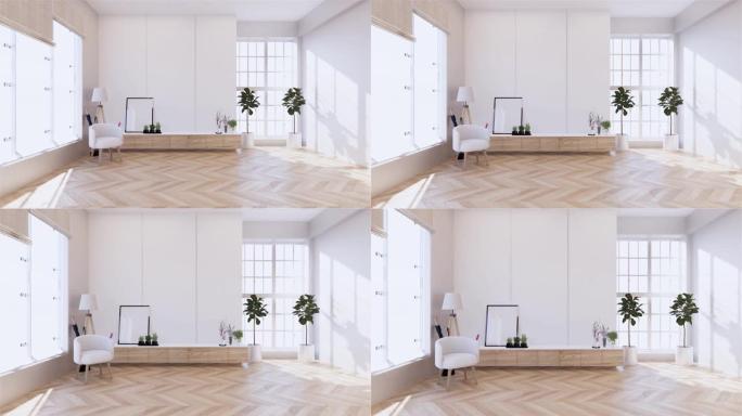 日本室内热带风格橱柜木制设计。3d渲染