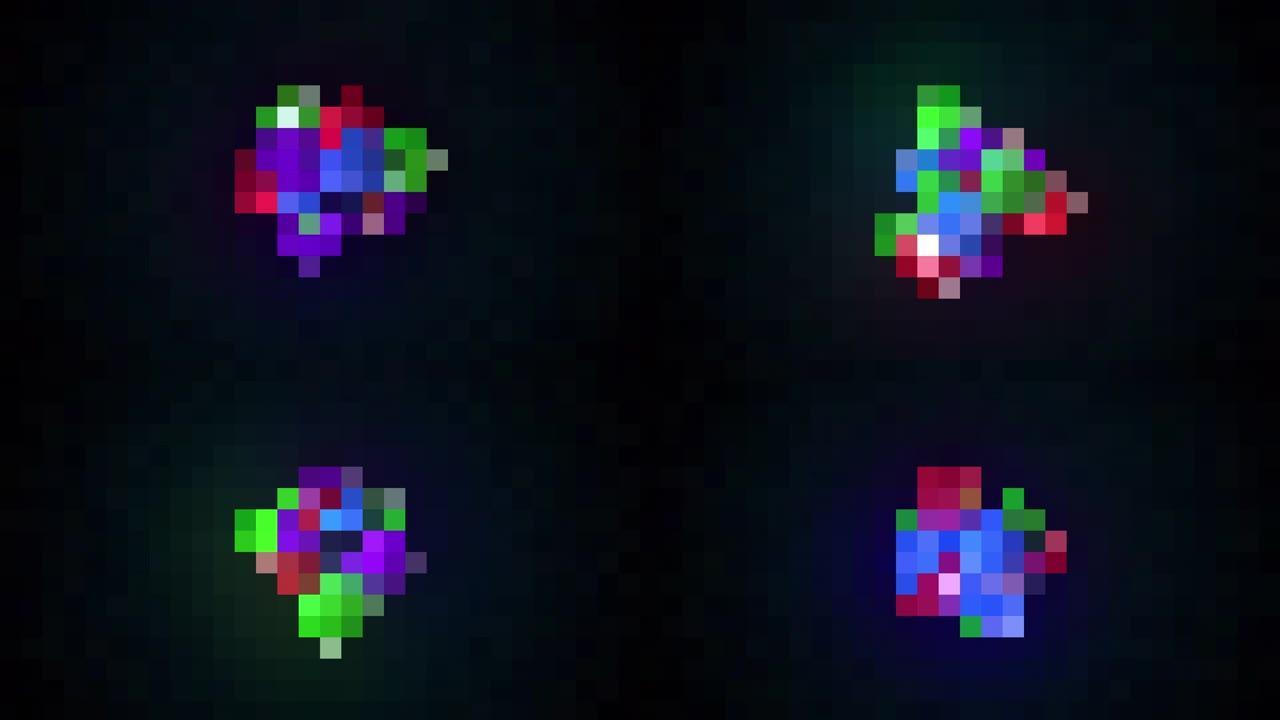 彩色闪光块。计算机生成的8位效应。3d渲染像素化背景