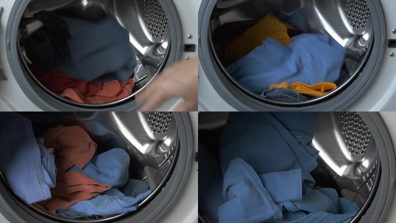 把衣服扔进洗衣机。