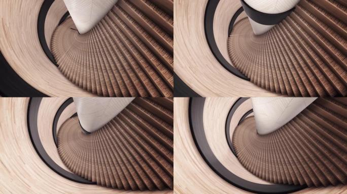 棕色的抽象螺旋梯。动画。抽象内部的细节，沿着螺旋木制楼梯和一堵墙的楼梯向后移动，无缝循环