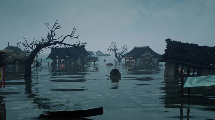 三维动画自然洪水灾害过后荒凉的村庄
