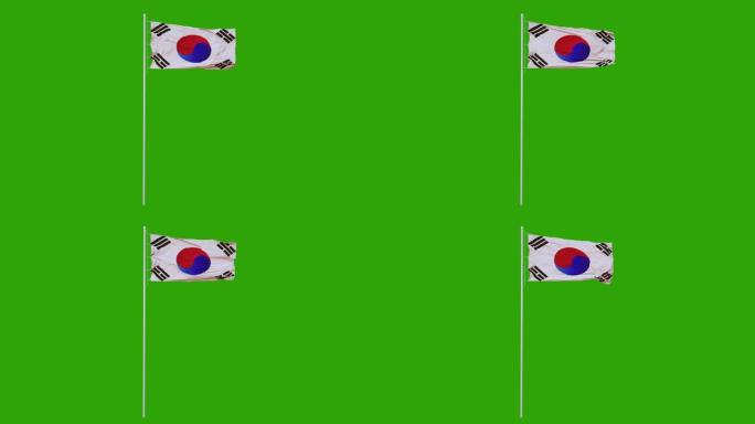 韩国国旗在风中飘扬。绿屏。可循环动画。4K