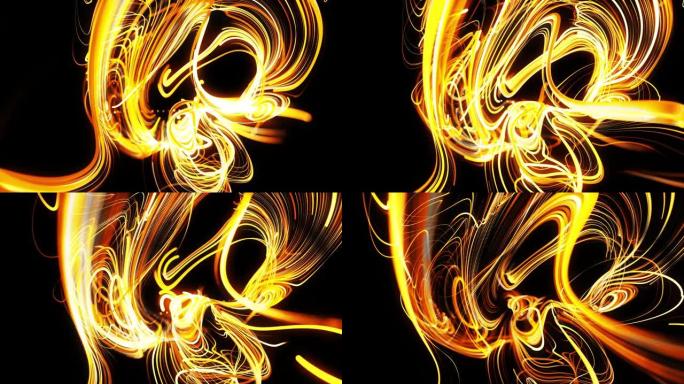 粒子流动形成卷曲的黄线，如辉光轨迹或条纹，线形成漩涡状，如卷曲噪声。抽象3d动画作为明亮的创意节日b