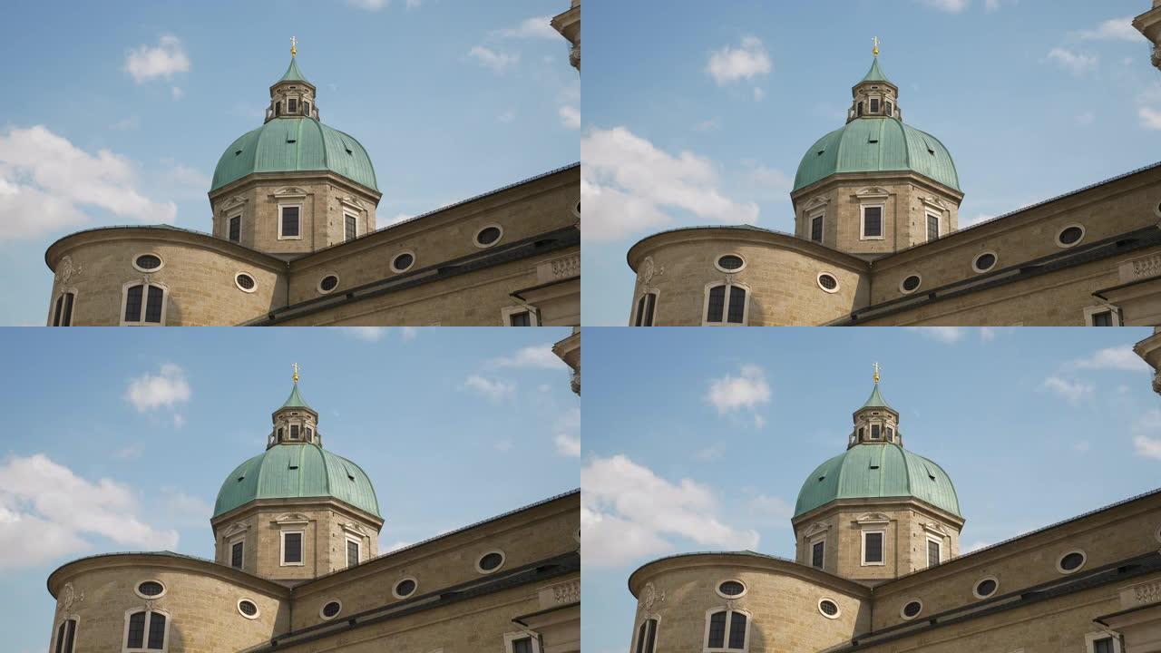 萨尔茨堡市中心白天时间著名的教堂建筑顶部4k奥地利慢镜头全景图
