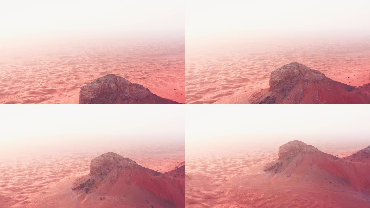 4k无人机镜头，带沙波纹的梅利哈沙漠化石岩石高原的鸟瞰图，阿拉伯联合酋长国沙丘沙漠狮身人面像的地质景