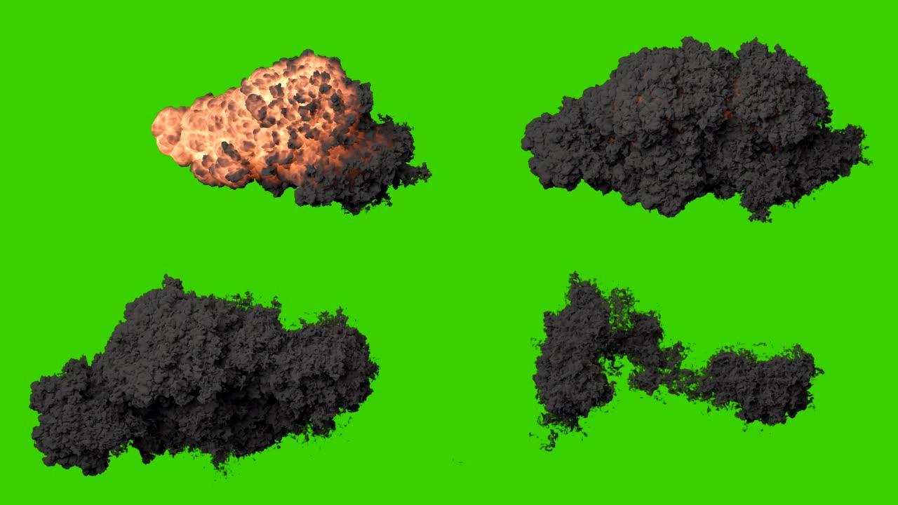 炸药爆炸或用黑色旋转的烟雾从大炮武器中射出。黑烟爆炸，炸药爆炸。绿屏前的VFX动画。