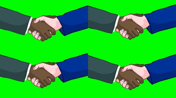 黑白手握手，循环动画。协议，合同，握手，和平。美国黑人和白人的关系。扣。图标，符号，交易录像。绿色屏