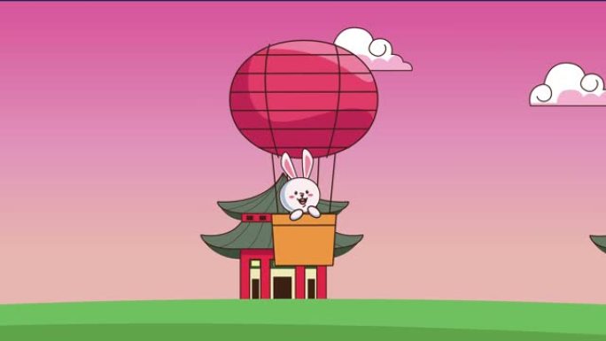 中秋节动画与兔子在气球热空气和建筑