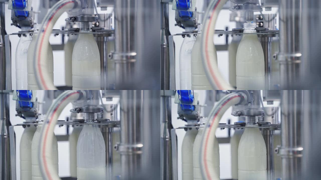 牛奶厂将乳制品倒入塑料瓶的输送线。
