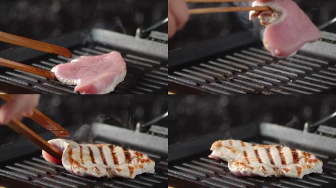 烤火鸡鱼片用热蒸汽在锅里翻过来。