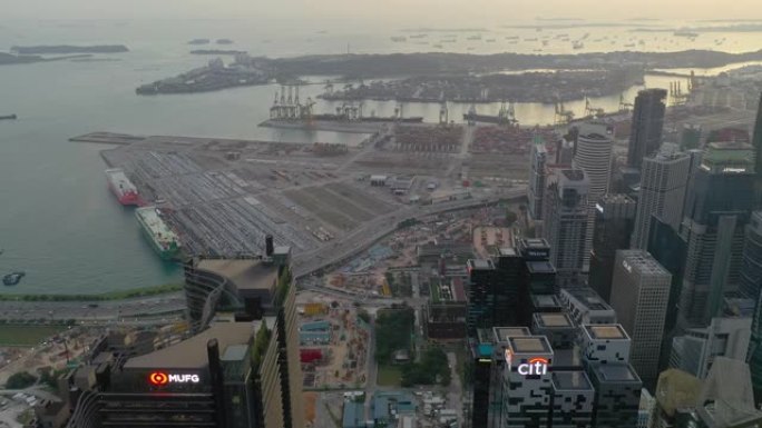 日落时间新加坡市市中心著名港口停车场湾空中全景4k