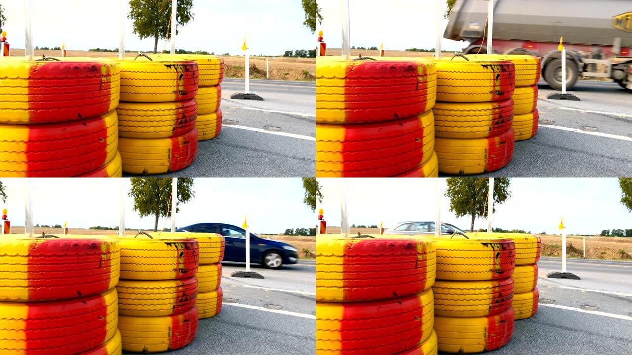 路边的一堆橙色轮胎