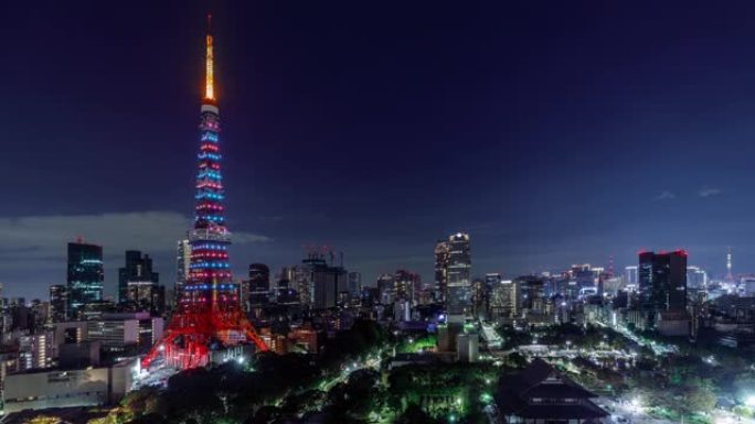 东京铁塔和东京天际线在夜间的时间流逝