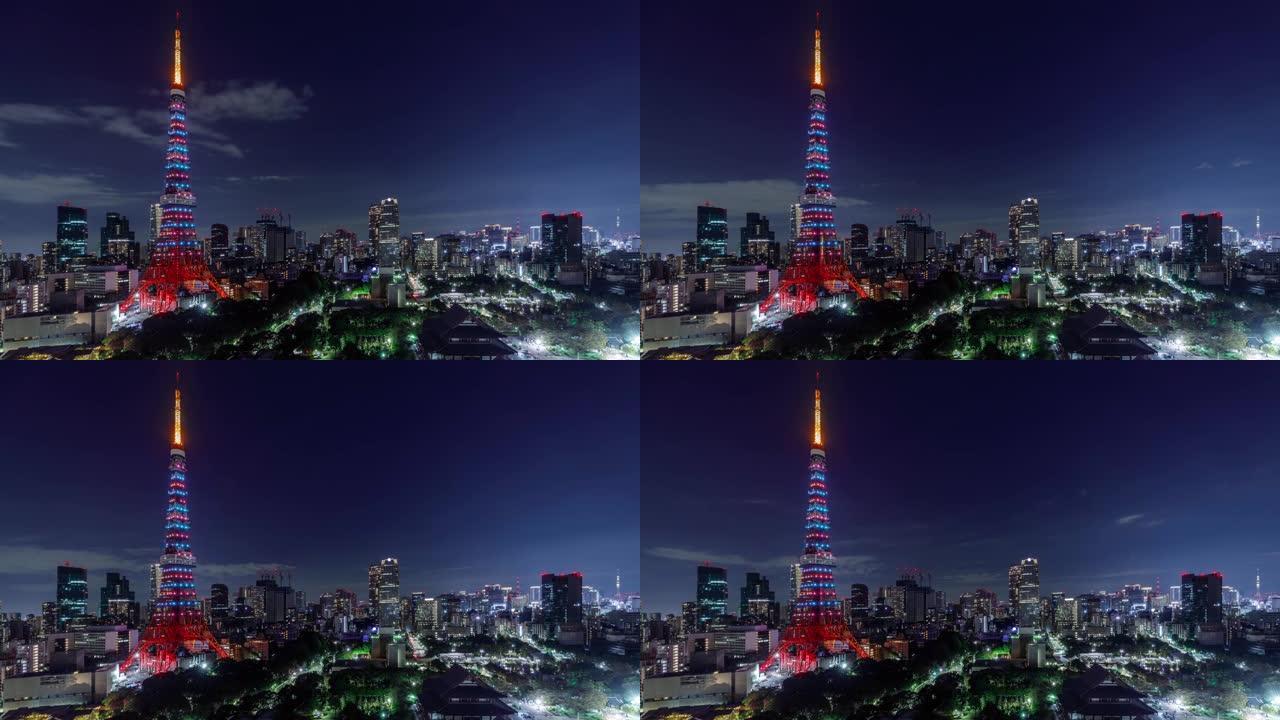 东京铁塔和东京天际线在夜间的时间流逝