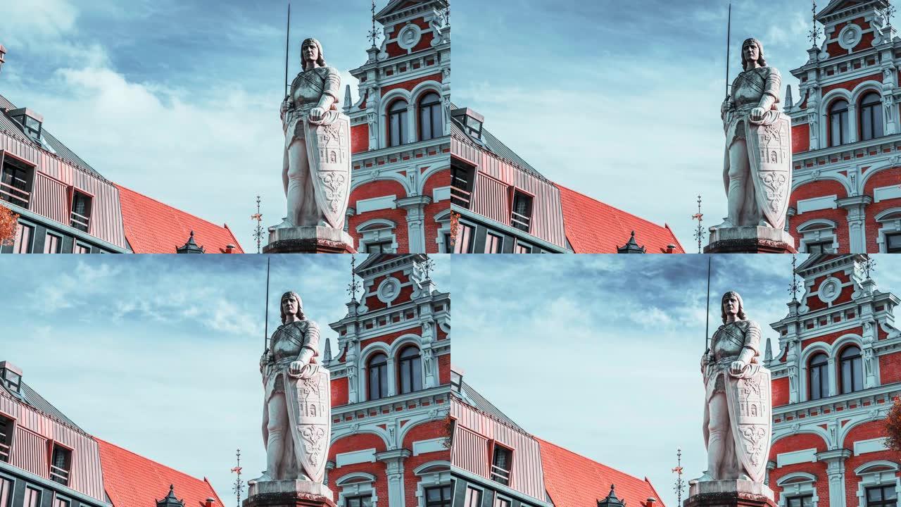 黑头之家的延时视图，圣罗兰和圣彼得斯教堂的雕塑