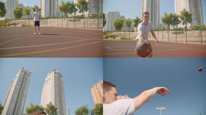 年轻英俊的白人男子篮球运动员在球场上扔球的特写肖像，背景是建筑物