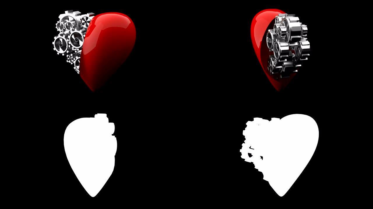 人类心脏的象征一半由金属齿轮组成，在黑色背景上。健康、医学、网络技术、阿尔法频道、hromakey的