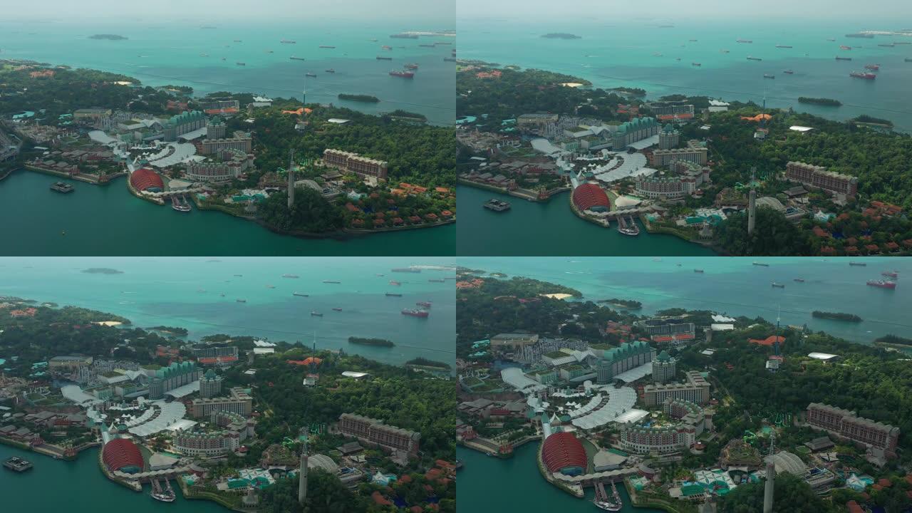 新加坡城市晴天著名圣淘沙岛空中全景4k