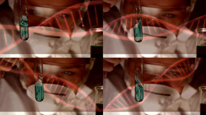 DNA结构与戴着口罩的科学家一起旋转试管