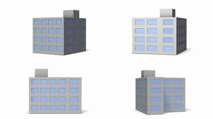 旋转微型办公楼。3D渲染。循环视频。阿尔法频道。